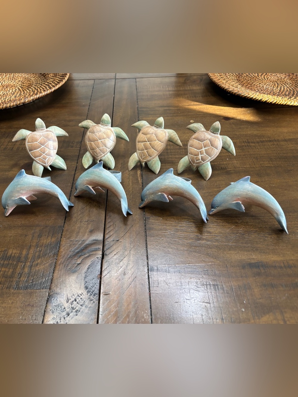 Set of eight wood sea creatures napkin ring holders. Four turtles four dolphins